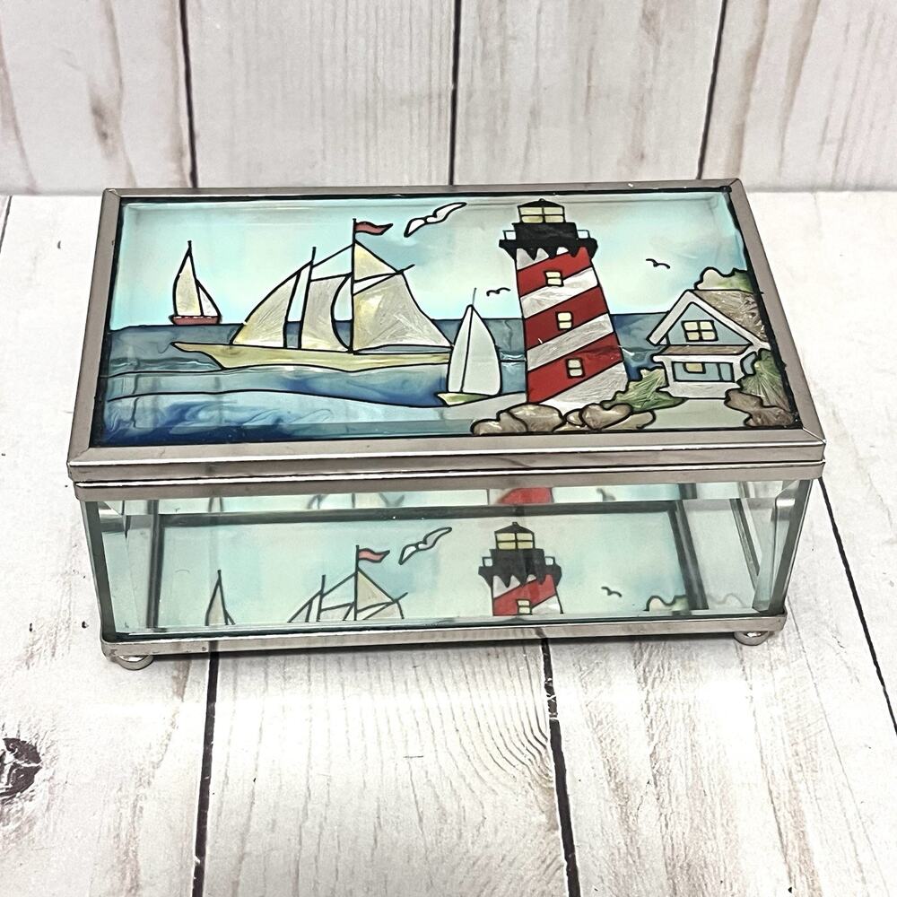 Joan Baker Lighthouse Footed Jewelry Box With Mirrorred Bottom Beach House